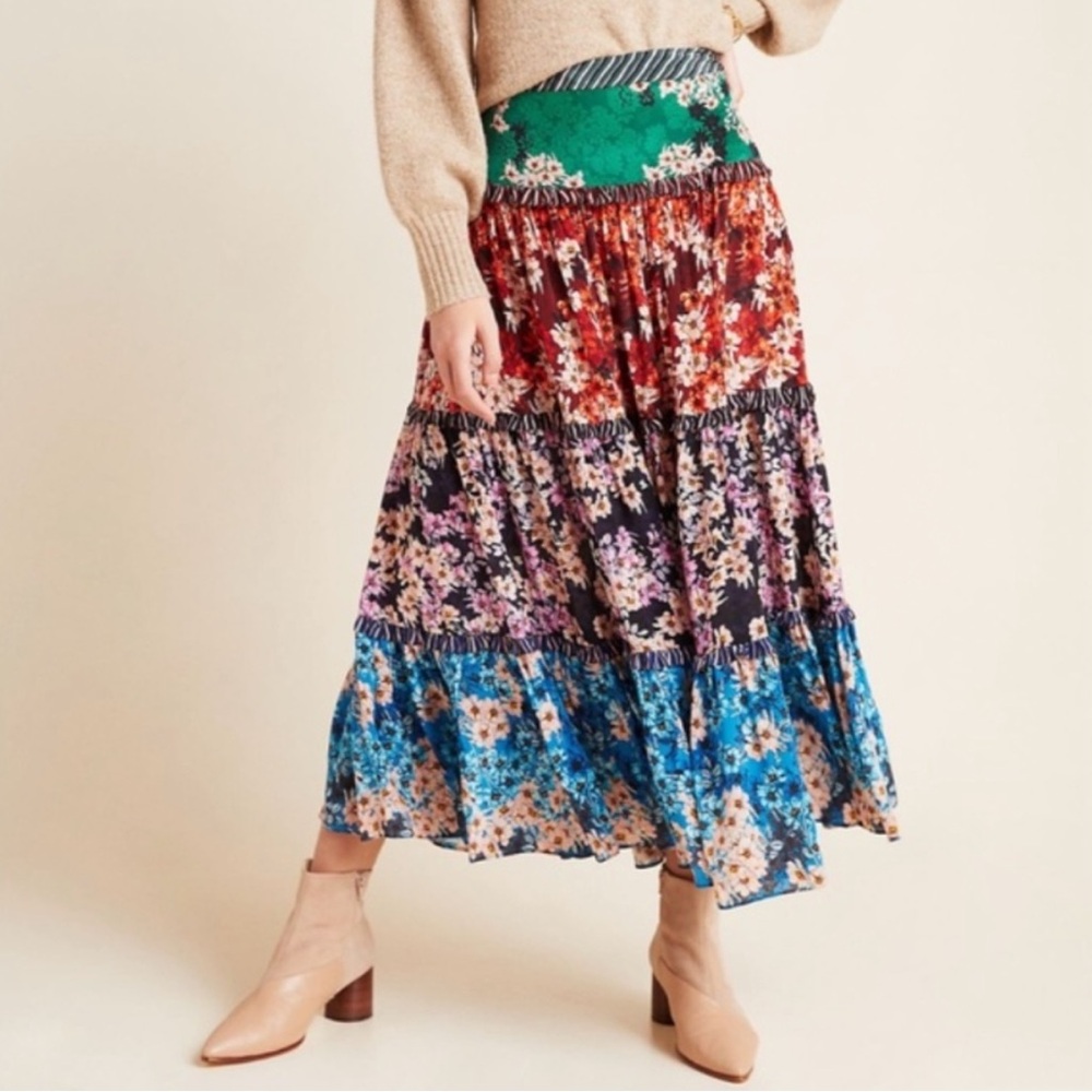 Anthropologie Multi-Color Tiered Floral A-Line Skirt